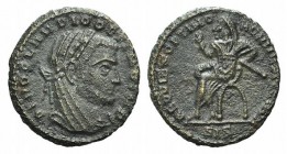 Divus Claudius II (died AD 270). Æ Half Follis (14mm, 1.21g, 6h). Siscia, 317-8. Laureate and veiled head r. R/ Divus Claudius seated l. on curule cha...