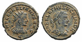 Aurelian and Vabalathus (270-275). Radiate (20mm, 3.90g, 11h). Antioch, 270-2. Radiate and cuirassed bust of Aurelian r.; E below. R/ Laureate, draped...