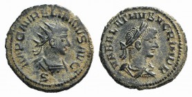 Aurelian and Vabalathus (270-275). Radiate (20mm, 3.82g, 6h). Antioch, 270-2. Radiate and cuirassed bust of Aurelian r.; S below. R/ Laureate, draped ...