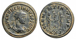 Numerian (283-284). Radiate (21mm, 3.07g, 6h). Antioch, AD 284. Radiate, draped and cuirassed bust r. R/ Emperor standing r., holding sceptre, receivi...