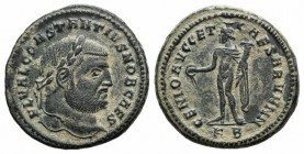 Constantius I (Caesar, 293-305). Æ Follis (26mm, 11.45g, 1h) Cyzicus, 297-9. Laureate head r. R/ Genius standing l., holding patera and cornucopiae; K...