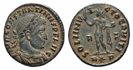 Constantine I (307/310-337). Æ Follis (19mm, 3.01g, 11h). Rome, AD 314. Laureate, draped and cuirassed bust r. R/ Sol standing l. holding globe and ra...