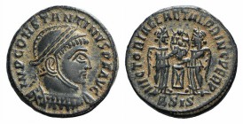 Constantine I (307/310-337). Æ Follis (16mm, 2.74g, 6h). Siscia, 318-9. Helmeted and cuirassed bust r. R/ Two Victories facing and inscribing VOT PR o...