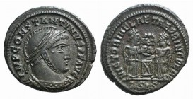 Constantine I (307/310-337). Æ Follis (17mm, 3.13g, 1h). Siscia, 322-3. Laureate, helmeted and cuirassed bust r. R/ Two Victories holding shield inscr...