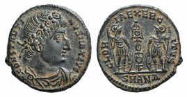 Constantine I (307/310-337). Æ Follis (15mm, 1.73g, 12h). Antioch, 335-7. Diademed, draped and cuirassed bust r. R/ Two soldiers, each holding inverte...
