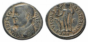 Licinius I (308-324). Æ (17mm, 3.01g, 12h). Nicomedia, 317-320. Laureate and draped bust l., holding mappa; sceptre behind shoulder. R/ Jupiter standi...