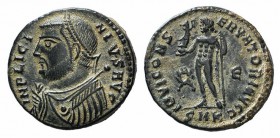 Licinius I (308-324). Æ (17mm, 3.07g, 5h). Cyzicus, AD 318. Laureate and draped bust l., holding mappa; sceptre behind shoulder. R/ Jupiter standing l...