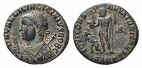 Licinius I (308-324). Æ Follis (17mm, 2.94g, 6h). Antioch, AD 318. Laureate and robed bust l., holding mappa and sceptre. R/ Jupiter standing l., hold...