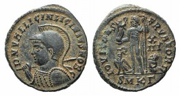 Licinius II (Caesar, 317-324). Æ Follis (18mm, 2.62g, 12h). Cyzicus, 321-4. Helmeted and cuirassed bust l., holding round shield and spear over should...