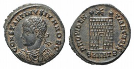 Constantine II (Caesar, 316-337). Æ Follis (17mm, 2.62g, 6h). Antioch, 330-4. Laureate, draped and cuirassed bust l. R/ Camp-gate with two turrets, st...