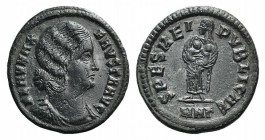 Fausta (Augusta, 324-326). Æ Follis (18mm, 2.84g, 12h). Nicomedia, 325-6. Mantled bust r. R/ Spes standing facing, looking l., head veiled, two childr...
