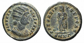 Fausta (Augusta, 324-326). Æ Follis (18mm, 3.74g, 1h). Cyzicus, 325-6. Mantled bust r. R/ Veiled Spes standing facing, head l., holding two children i...