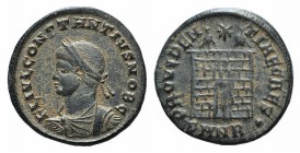 Constantius II (Caesar, 324-337). Æ Follis (19mm, 3.08g, 11h). Nicomedia, 328-9. Laureate, draped and cuirassed bust l. R/ Camp gate with two turrets,...