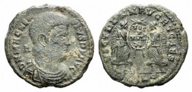 Magnentius (350-353). Æ Centenionalis (22mm, 4.32g, 6h). Lugdunum. Bare-headed, draped and cuirassed bust r. R/ Two Victories supporting shield inscri...