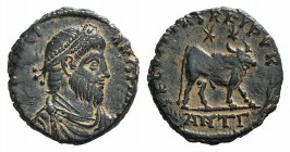 Julian II (360-363). Æ (23mm, 7.58g, 5h). Antioch, 361-3. Pearl-diademed, draped and cuirassed bust r. R/ Bull standing r.; two stars above; palm-ANTΓ...