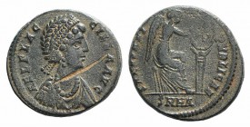 Aelia Flacilla (Augusta, 379-386/8). Æ (22mm, 7.34g, 4h). Heraclea, 378-383. Diademed and draped bust r. R/ Victory seated r., inscribing Chi-Rho on s...