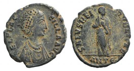 Aelia Flaccilla (Augusta, 379-386/8). Æ (20mm, 4.33g, 5h). Antioch, 383-388. Pearl diademed and draped bust r. R/ Flacilla standing facing, arms raise...