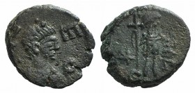 Leo I (457-474). Æ (10mm, 1.33g, 12h). Constantinople. Pearl-diademed, draped and cuirassed bust r. R/ Leo standing l., head r., holding long cross an...