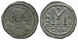 Justinian I (527-565). Æ 40 Nummi (40mm, 21.81g, 7h). Constantinople, year 15 (541/2). Diademed, draped and cuirassed bust r. R/ Large M flanked by tw...