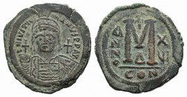 Justinian I (527-565). Æ 40 Nummi (35mm, 20.80g, 7h). Constantinople, year 16 (542/3). Diademed, draped and cuirassed bust r. R/ Large M flanked by tw...