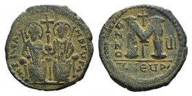 Justin II and Sophia (565-578). Æ 40 Nummi (33mm, 14.24g, 6h). Theoupolis (Antioch), year 7 (571/2). Justin and Sophia enthroned facing, holding globu...