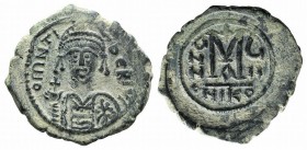 Maurice Tiberius (582-602). Æ 40 Nummi (33mm, 12.97g, 6h). Nicomedia, year 8 (589/90). Helmeted and cuirassed bust facing, holding globus cruciger and...