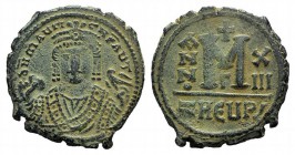 Maurice Tiberius (582-602). Æ 40 Nummi (31mm, 11.36g, 12h). Antioch, year 13 (594/5). Facing bust, holding mappa and sceptre. R/ Large M; date across ...