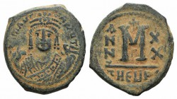 Maurice Tiberius (582-602). Æ 40 Nummi (29mm, 11.59g, 6h). Antioch, year 13 (594/5). Facing bust, holding mappa and sceptre. R/ Large M; date across f...