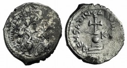 Heraclius with Heraclius Constantine (610-641). AR Hexagram (23mm, 6.63g, 6h). Constantinople, 615-638. Heraclius and Heraclius Constantine seated fac...