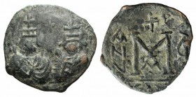 Heraclius with Heraclius Constantine (610-641). Æ 40 Nummi (30mm, 9.55g, 7h). Isaura, year 7 (616/7). Crowned and draped facing busts of Heraclius and...