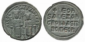Leo VI and Alexander (886-912). Æ 40 Nummi (27mm, 6.51g, 6h). Constantinople, 886-912. Leo VI and Alexander, each crowned and wearing loros, seated fa...
