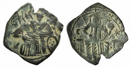 Andronicus II Paleologus (1282-1328). Æ Trachy (22mm, 1.78g, 6h). Constantinople. Bust of St. George, holding sword and shield. R/ Andronicus seated u...