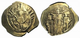 Andronicus II Palaeologus and Michael IX (1282-1328). AV Hyperpyron (26.5mm, 4.08g, 6h). Constantinople, c. 1294-1303. Half-length figure of the Theot...