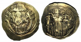 Andronicus II Palaeologus and Michael IX (1282-1328). AV Hyperpyron (26mm, 4.10g, 6h). Constantinople, c. 1294-1303. Half-length figure of the Theotok...