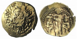 Andronicus II Palaeologus and Michael IX (1282-1328). AV Hyperpyron (23mm, 3.29g, 6h). Constantinople, c. 1294-1303. Half-length figure of the Theotok...