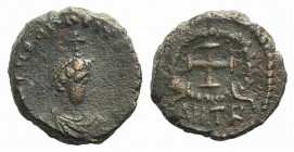 Vandals, c. 5th century AD. Æ (9.5mm, 1.32g, 11h). Diademed, draped and cuirassed bust r.; cross above. R/ Cross within wreath; ANTB. Cf. BMC Vandals ...