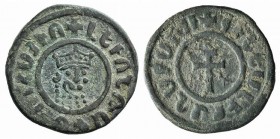 Cilician Armenia, Levon I (1198-1219). Æ Tank (28mm, 8.03g, 12h). Crowned leonine head facing slightly r. R/ Patriarchal cross; five-pointed star to l...