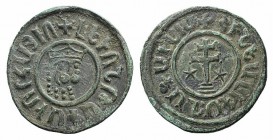 Cilician Armenia, Levon I (1198-1219). Æ Tank (29mm, 7.49g, 3h). Crowned leonine head facing slightly r. R/ Patriarchal cross; five-pointed star to l....
