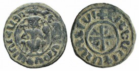 Cilician Armenia, Hetoum I (1226-1270). Æ Tank (30mm, 9.99g, 9h). Hetoum seated facing on throne adorned with lions, holding lis-tipped sceptre and gl...