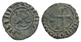 Cilician Armenia, Levon V (1374-1393). Æ Pogh (14mm, 0.63g, 3h). Lion advancing r., head facing. R/ Cross. CCA 2243. Rare, rev. die-shift, VF