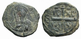 Crusaders, Antioch. Tancred (Regent, 1101-03, 1104-12). Æ Follis (20mm, 2.97g, 6h). Bust of Tancred facing, wearing turban and holding sword. R/ Cross...