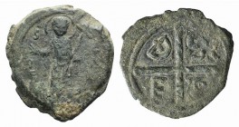 Crusaders, Antioch. Tancred (Regent, 1101-03, 1104-12). Æ Follis (22mm, 4.25g, 3h). St. Peter standing facing, raising hand and holding cross-tipped s...