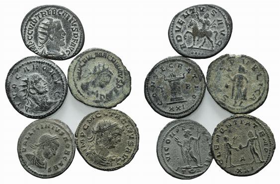 Lot of 5 Roman Imperial Æ coins, including Trebonianus Gallus, Macrinus, Carus a...