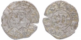 1291-1327. Jaime II de Aragón. Óbolo o Meaja . Ve. Busto de Rey Jaime II de Aragón, el Justo a izquierda, con ojo almendrado, y orlado de lema en dos ...