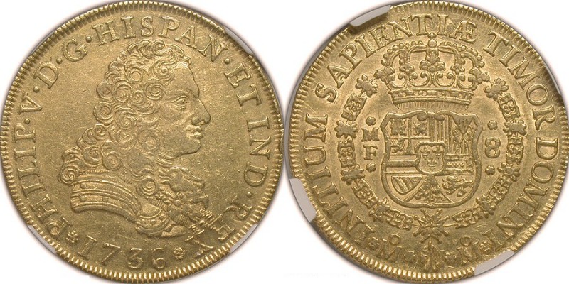 1736. Felipe V (1700-1746). México. 8 escudos. F. Au. Extraordinario relieve. Br...