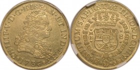 1736. Felipe V (1700-1746). México. 8 escudos. F. Au. Extraordinario relieve. Brillo original. NGC AU 53. EBC /EBC+. Est.4000.