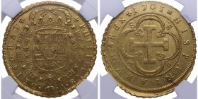 1701. Felipe V (1700-1746). Sevilla. 8 escudos. M. Uno de los mejores ejemplares conocidos. Au. Muy bella. Muy rara y más así. NGC MS 63. SC / SC-. Es...