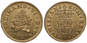 1747. Fernando VI (1746-1759). Madrid. 1/2 escudo. JB. Au. 1,78 g. Bellísimo ejemplar. Insignificante limadura en gráfila de anverso pero pleno brillo...