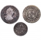 1731 a 1780. Carlos III (1759-1788). Lote de 3 monedas: 1 real (2) y medio real (1). Ag. BC a MBC-. Est.30.