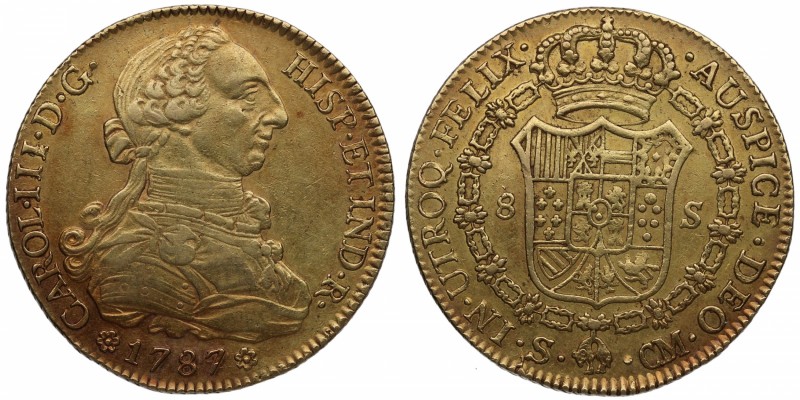 1787. Carlos III (1759-1788). Sevilla. 8 escudos. CM. Au. Atractiva. Precioso co...